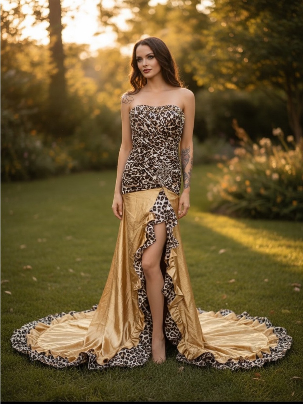 Light In Box Leopard Gold Satin Strapless Evening Gown Formal Prom Dress Small
